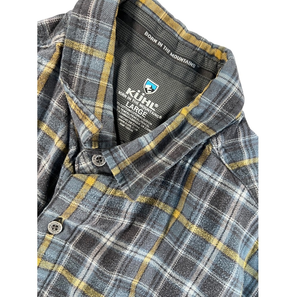 Kuhl Mens Large Plaid Button Down Shirt Blue Yellow Cotton Tencel Long Sleeve - Picture 1 of 9
